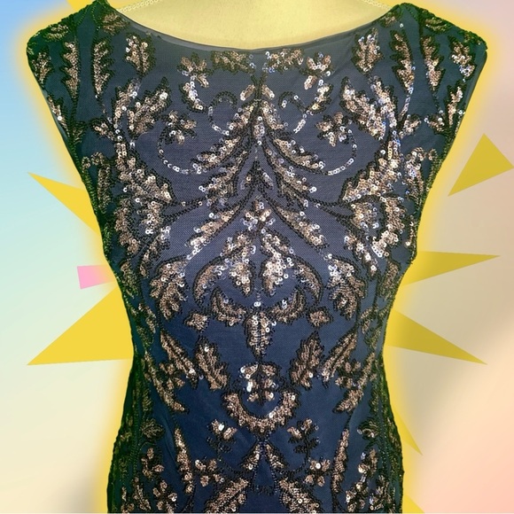 NWT Eliza J Navy Blue ‘Sequin Boat Neck Sleeveless Feather Trim Sheath Dress’ 6 - Picture 7 of 14